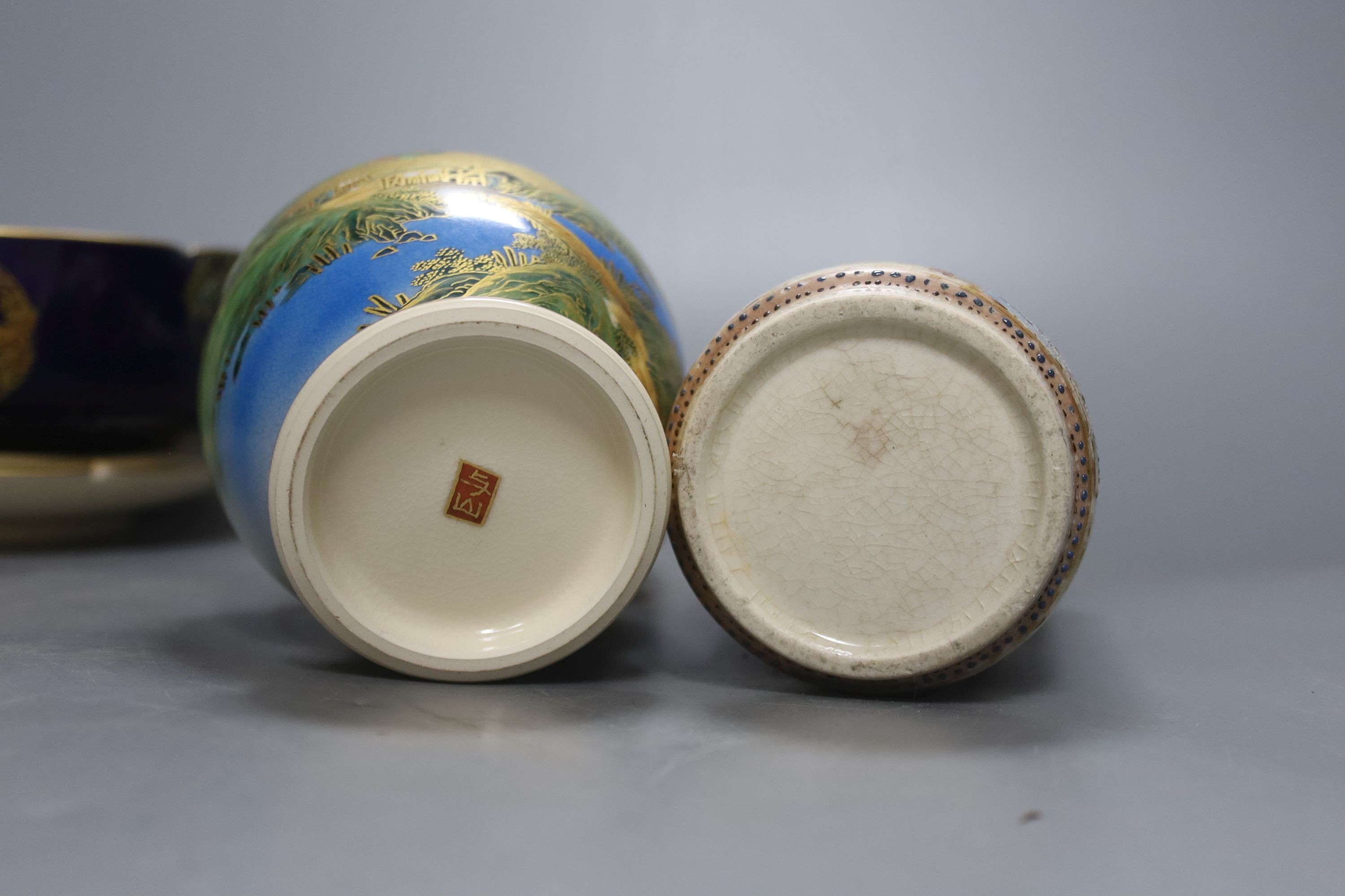 A collection of Japanese Satsuma, vases, bowls and lidded jars, 9 items in total, tallest item,18 cms high.